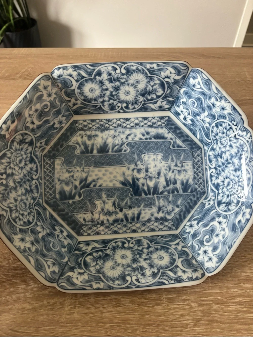 Japanese Blue and White Octagonal Porcelain Bowl - 12in